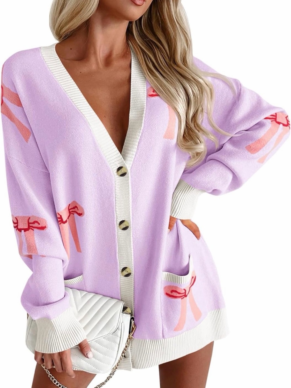 Lilac Oversized Varsity Cardigan V-Neck Button Sweater with Bow Detail